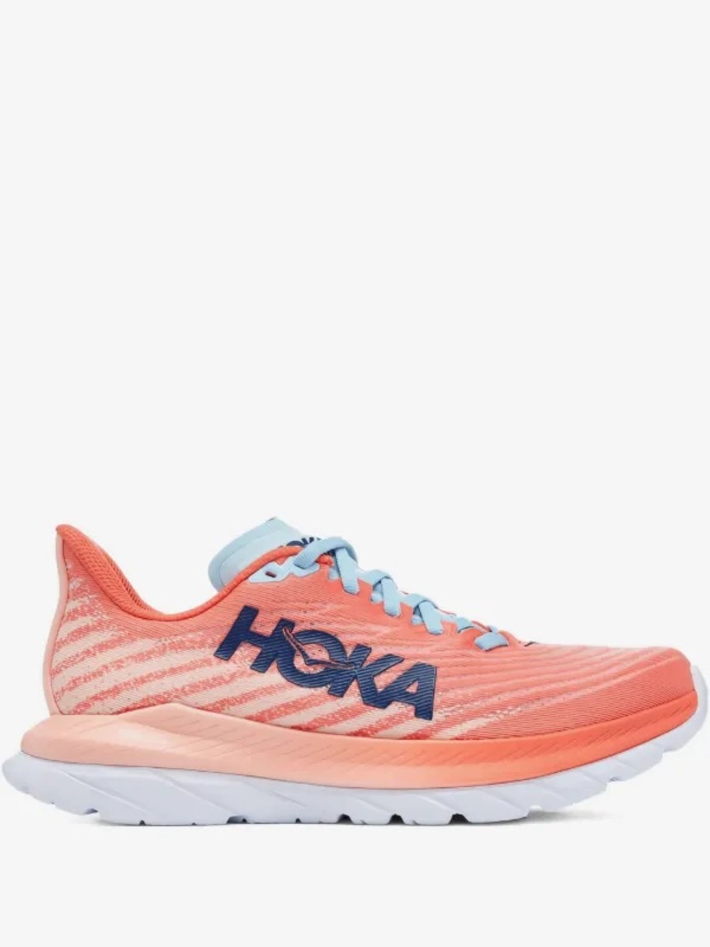Hoka Women's 8 B One Mach 5 Coral Running Shoe with Light Blue Details